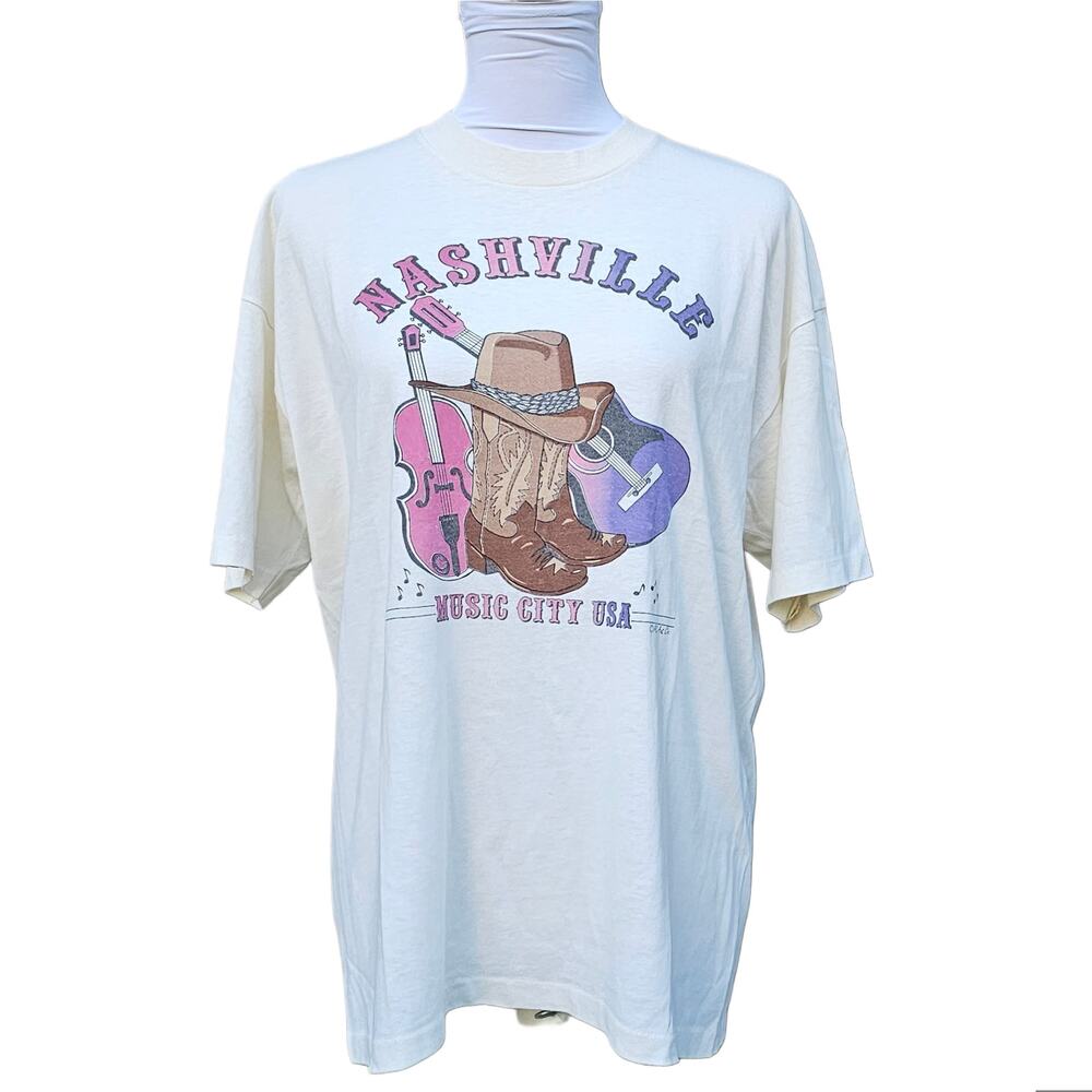 Nashville Graphic Tee Country Music Size XL Off White Belton Single Stitch Vtg